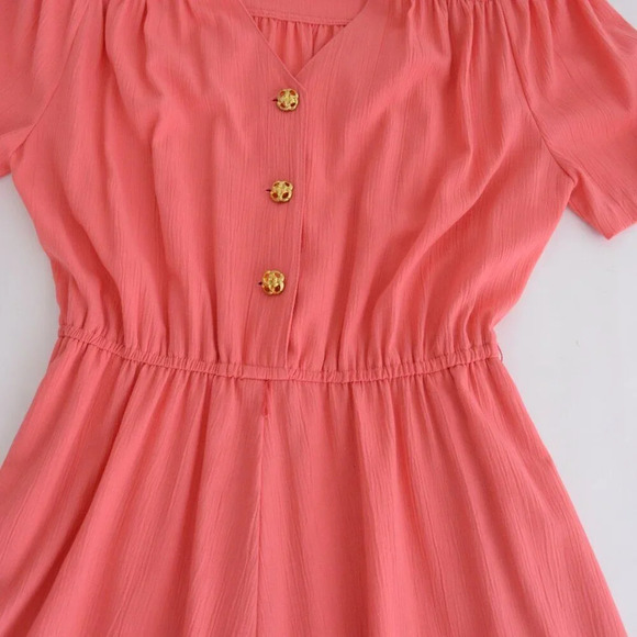 Vintage Cannes Collection Petite Coral Short Sleeve Gold  Button Midi Dress 9/10 - Picture 8 of 13